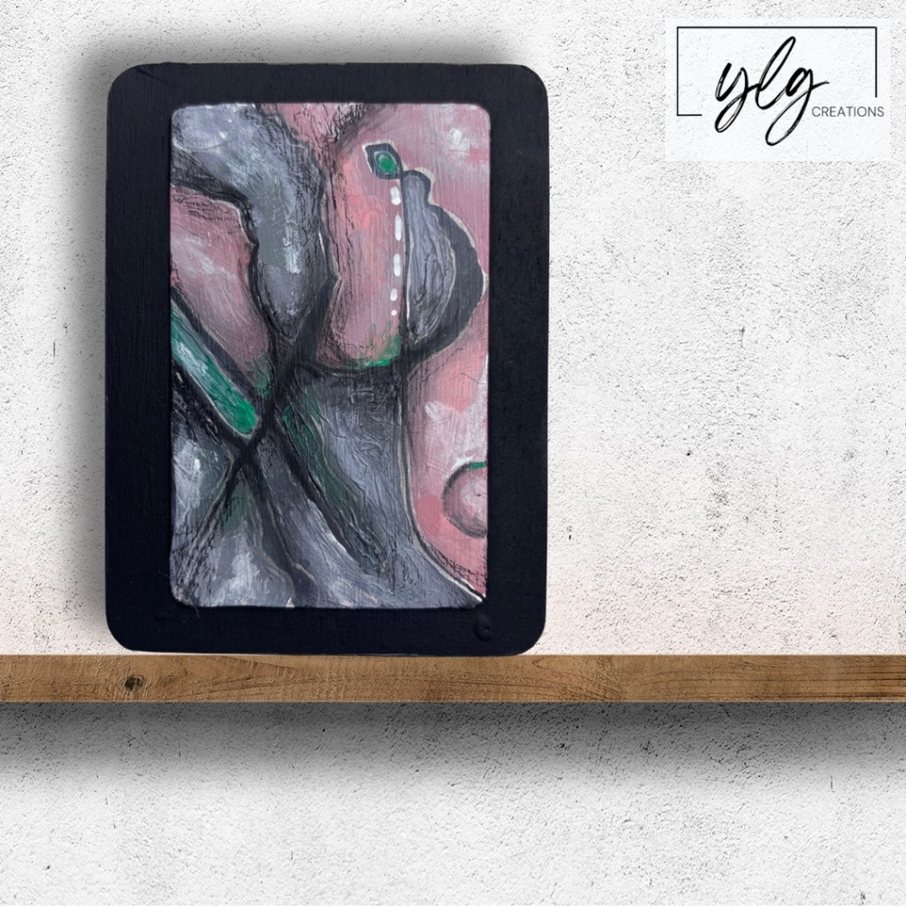 Abstract Painting Mini Pink Gray Green Black Acrylic 3 x 4 inches Green Spot